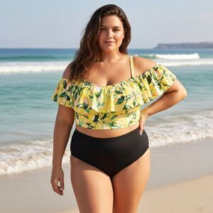 Torrid Lemon Ruffle Swim Top 3X Off Shoulder Yellow Floral Padded Wireless UPF